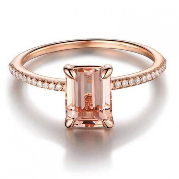 NEW! DAINTY Rose Gold Princess Cur Morganite Engagement Wedding Ring Set… - Picture 2 of 9